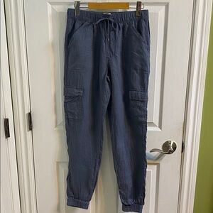Nicole Miller Linen Cargo Jogger Pants Womens Small Cuffed Elastic Athleisure